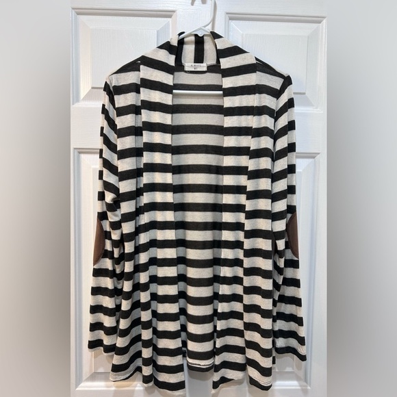 Always Me Linen Blend Lightweight Striped Cardigan Elbow Patches Women Sz M - Picture 1 of 7